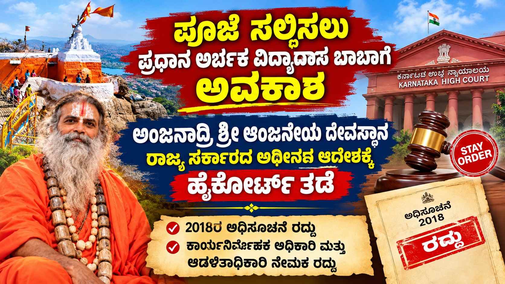 ಪೂಜೆ ಸಲ್ಲಿಸಲು ಪ್ರಧಾನ ಅರ್ಚಕ ವಿದ್ಯಾದಾಸ ಬಾಬಾಗೆ ಅವಕಾಶ, ಅಂಜನಾದ್ರಿ ಶ್ರೀ ಆಂಜನೇಯ ದೇವಸ್ಥಾನ ರಾಜ್ಯ ಸರ್ಕಾರದ ಅಧೀನದ ಆದೇಶಕ್ಕೆ ಹೈಕೋರ್ಟ್ ತಡೆ, 2018ರ ಅಧಿಸೂಚನೆ, ಕಾರ್ಯನಿರ್ವಾಹಕ ಅಧಿಕಾರಿ, ಆಡಳಿತಾಧಿಕಾರಿ ನೇಮಕ ರದ್ದು