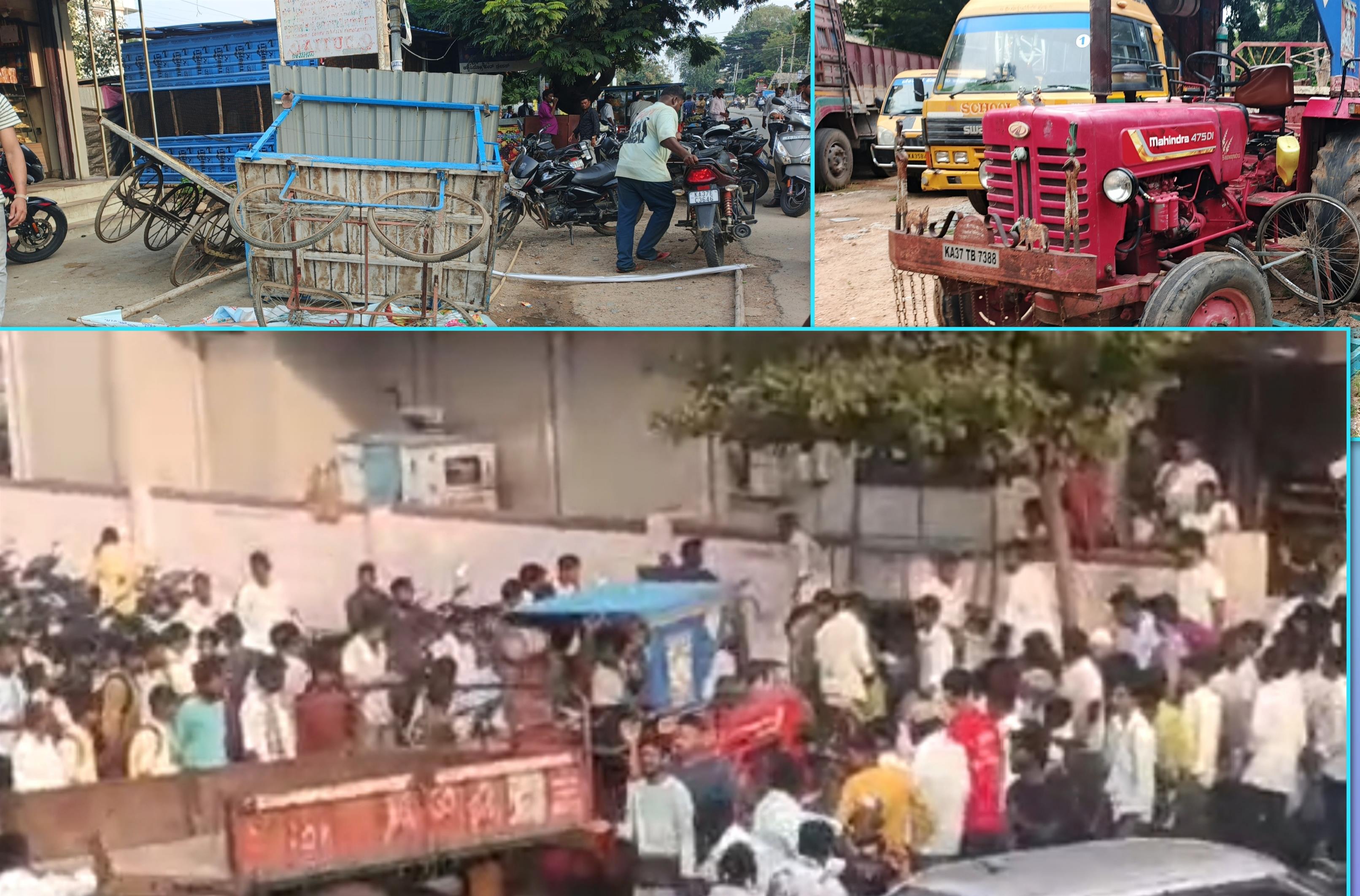 ರಸ್ತೆಯ ತಗ್ಗು ಗುಂಡಿಯಿಂದ ನಿಯಂತ್ರಣ ತಪ್ಪಿದ ಟ್ರಾಕ್ಟರ್. ಬೀದಿಬದಿ ತಳ್ಳುಗಾಡಿ ಜಖಂ. ಮಹಿಳೆಗೆ ಗಾಯ.