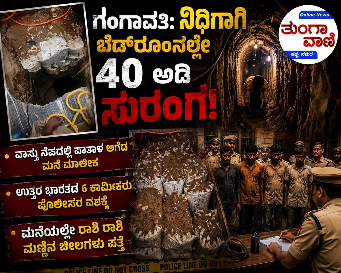ಗಂಗಾವತಿ: ನಿಧಿಗಾಗಿ ಬೆಡ್‌ರೂಂನಲ್ಲೇ 40 ಅಡಿ ಸುರಂಗ!  ವಾಸ್ತು ನೆಪದಲ್ಲಿ ಪಾತಾಳ ಅಗೆದ ಮನೆ ಮಾಲೀಕ  ಉತ್ತರ ಭಾರತದ 6 ಕಾರ್ಮಿಕರು ಪೊಲೀಸರ ವಶಕ್ಕೆ   ಮನೆಯಲ್ಲೇ ರಾಶಿ ರಾಶಿ ಮಣ್ಣಿನ ಚೀಲಗಳು ಪತ್ತೆ