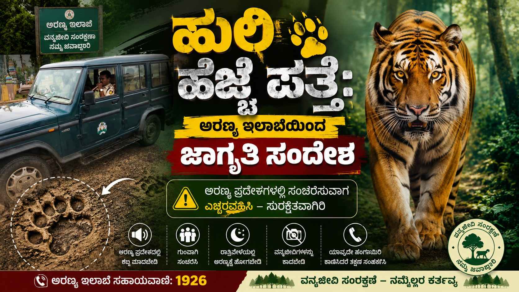 ಹುಲಿ ಹೆಜ್ಜೆ ಪತ್ತೆ: ಅರಣ್ಯ ಇಲಾಖೆಯಿಂದ ಜಾಗೃತಿ ಸಂದೇಶ